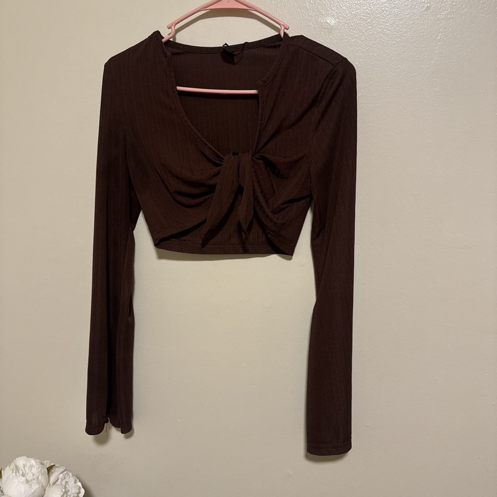 Brown Tie-Front Long Sleeve Crop Top